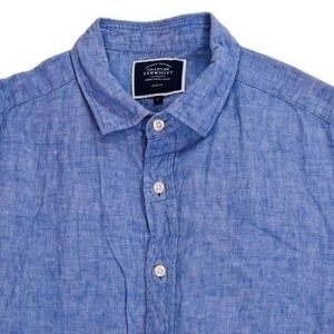 Charles Tyrwhitt Men's Slim Fit 100% Linen Short Sleeve Button Down Shirt Blue L